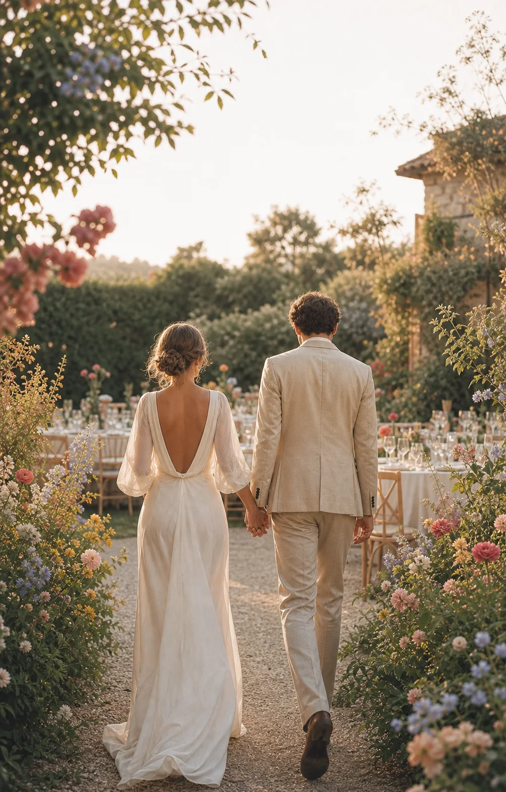 Sarah et Quentin rejoignent leurs invités dans un jardin fleuri